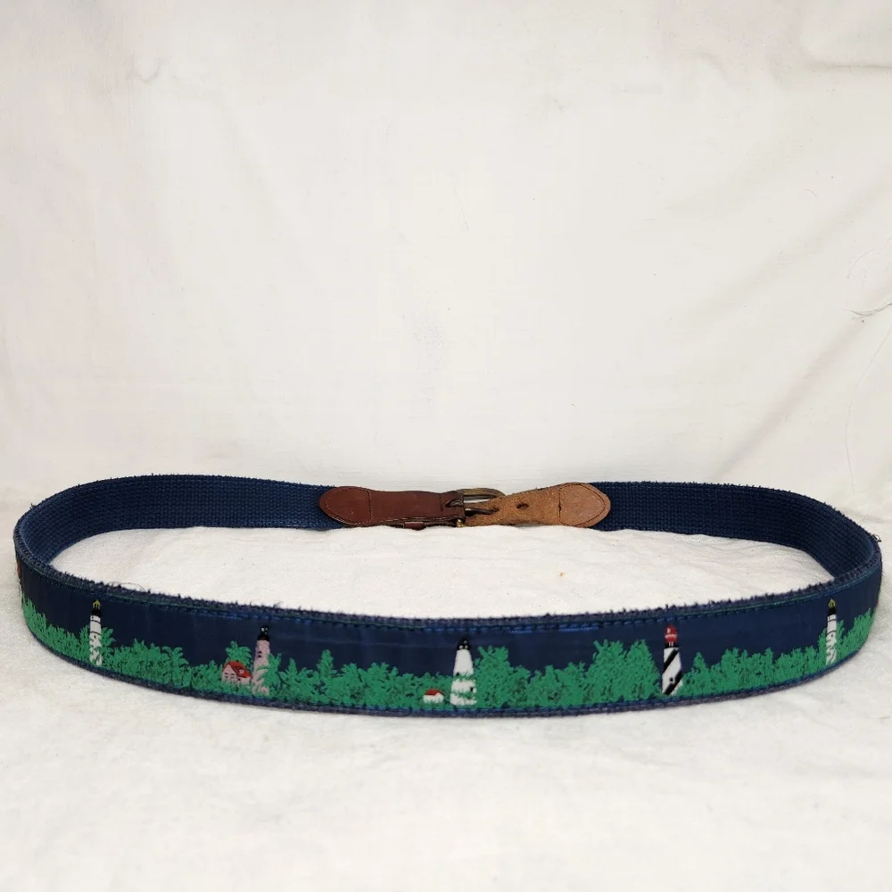 Leather Man LTD Lighthouse Belt 42 Navy Woven Leather Solid Brass Buckle USA